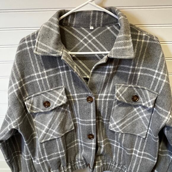 Shacket Flannel Windowpane Button Front Cropped Shacket Size L - Picture 3 of 10